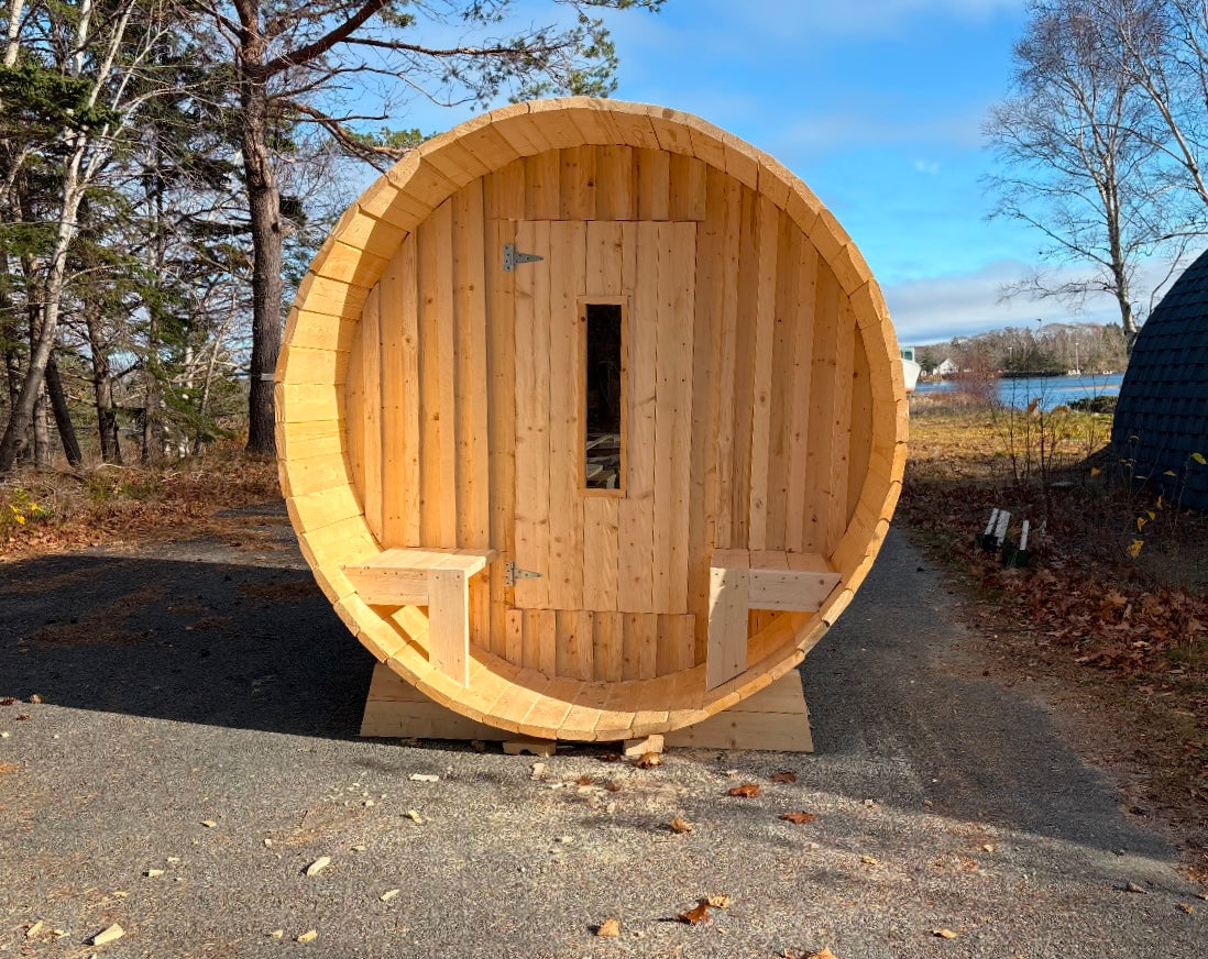 Barrel Sauna 7x8 With Porch with Classic Stove as Heating Element