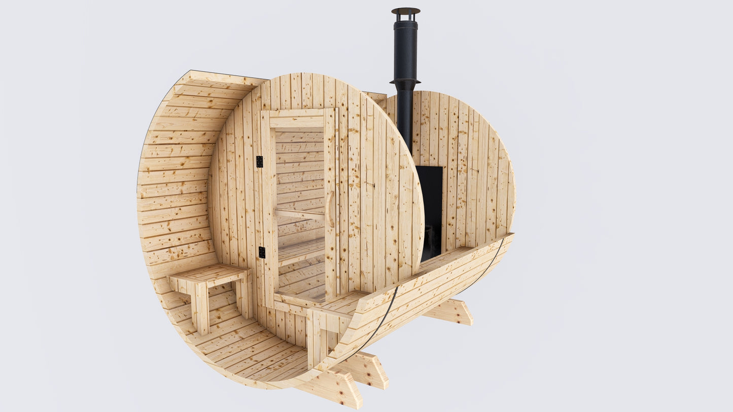 Barrel Sauna 7x8 With Porch with Classic Stove as Heating Element