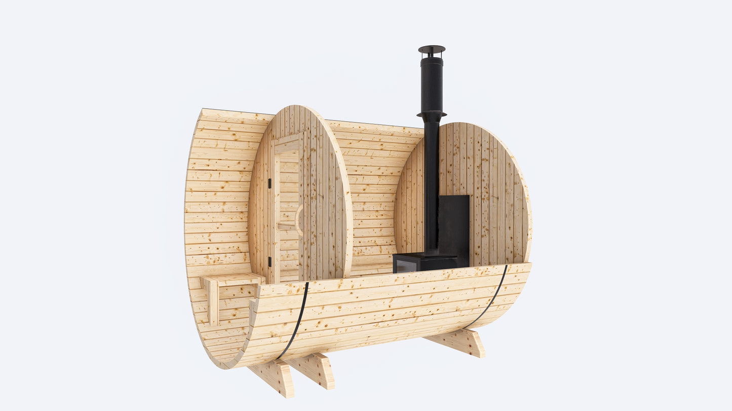 Barrel Sauna 7x8 With Porch with Classic Stove as Heating Element