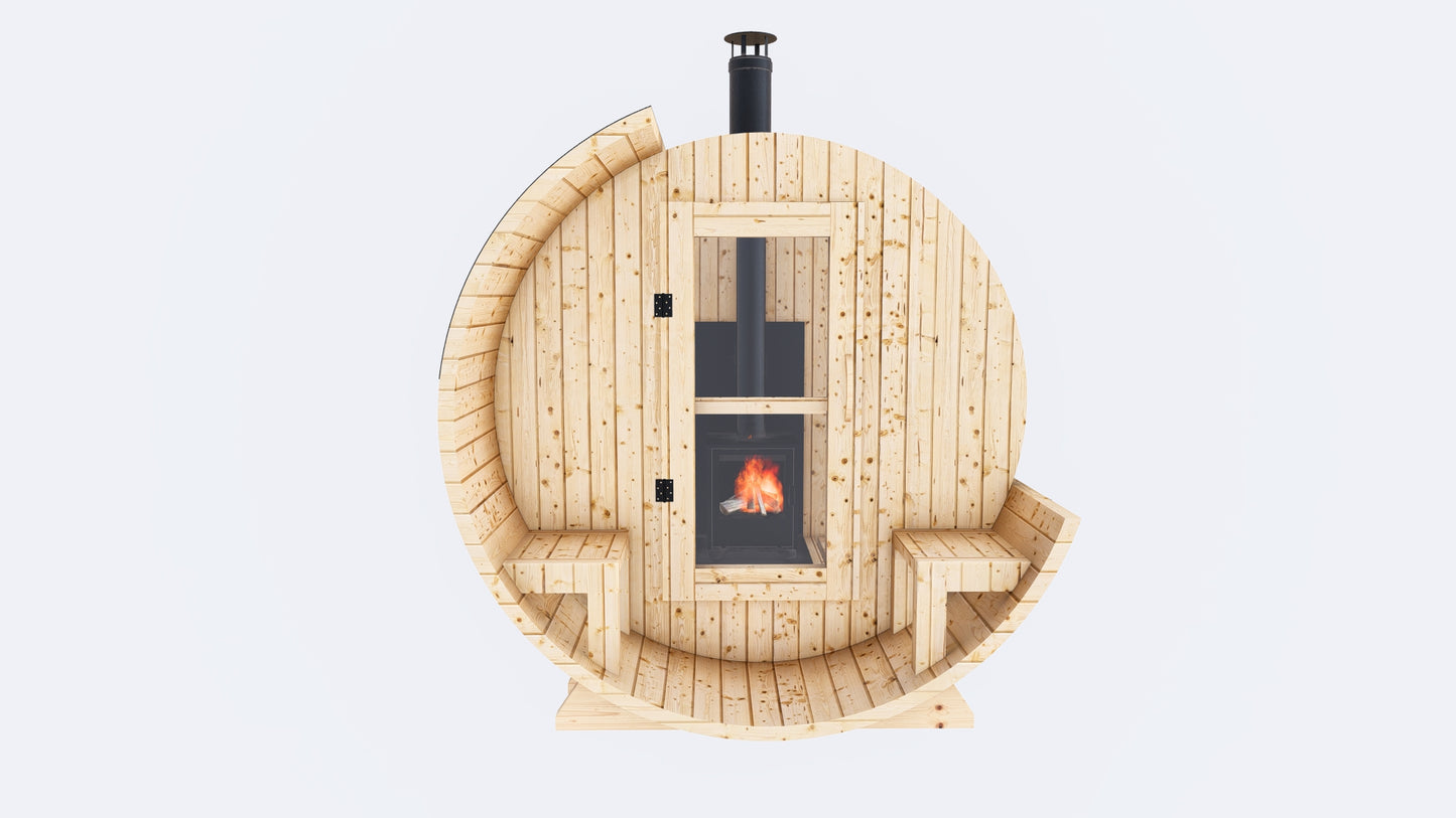 Barrel Sauna 7x8 With Porch with Classic Stove as Heating Element