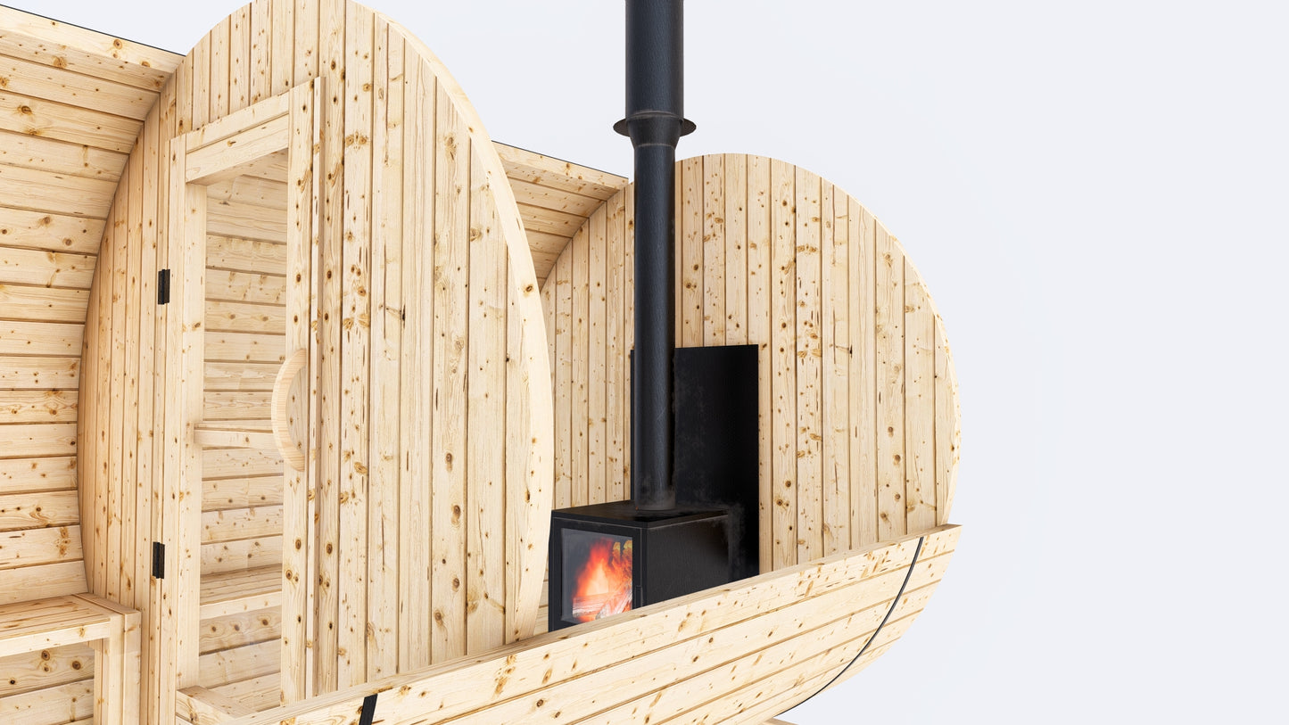 Barrel Sauna 7x8 With Porch with Classic Stove as Heating Element