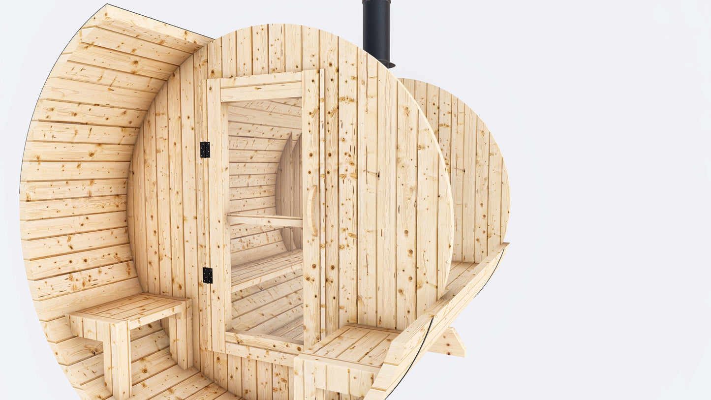 Barrel Sauna 7x8 With Porch with Classic Stove as Heating Element