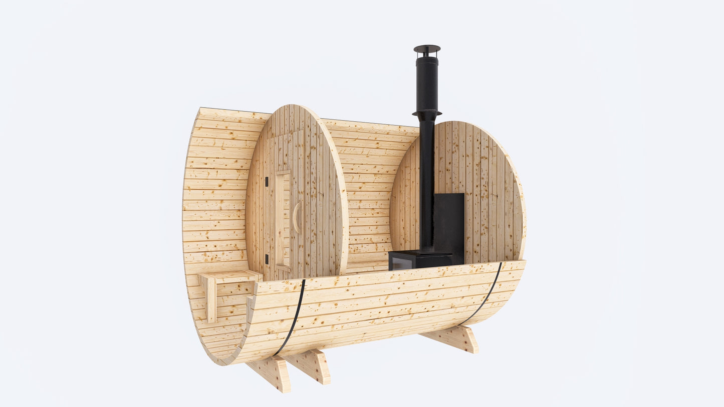 Barrel Sauna 7x8 With Porch with Classic Stove as Heating Element